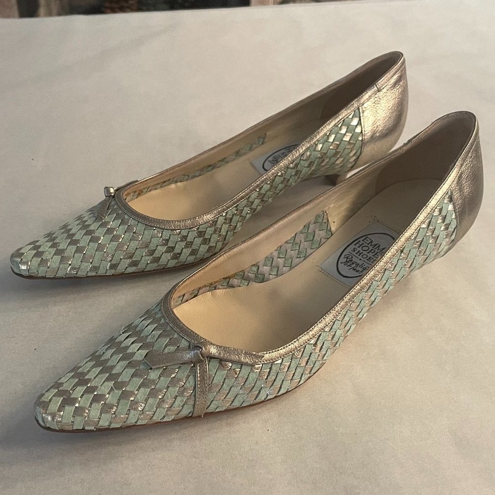 NWT Emma's Hope  Aqua and Silver woven leather kitten heels size 39.5